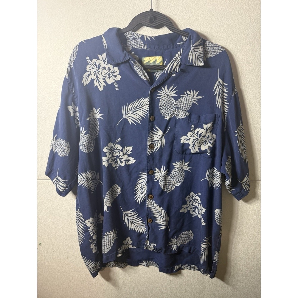Vintage Silk Traders Blue Pineapple‎ Hibiscus Hawaiian Aloha Shirt Men's Size L